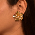 Load image into Gallery viewer, Bold Gold-Tone Layered Floral Stud Earrings