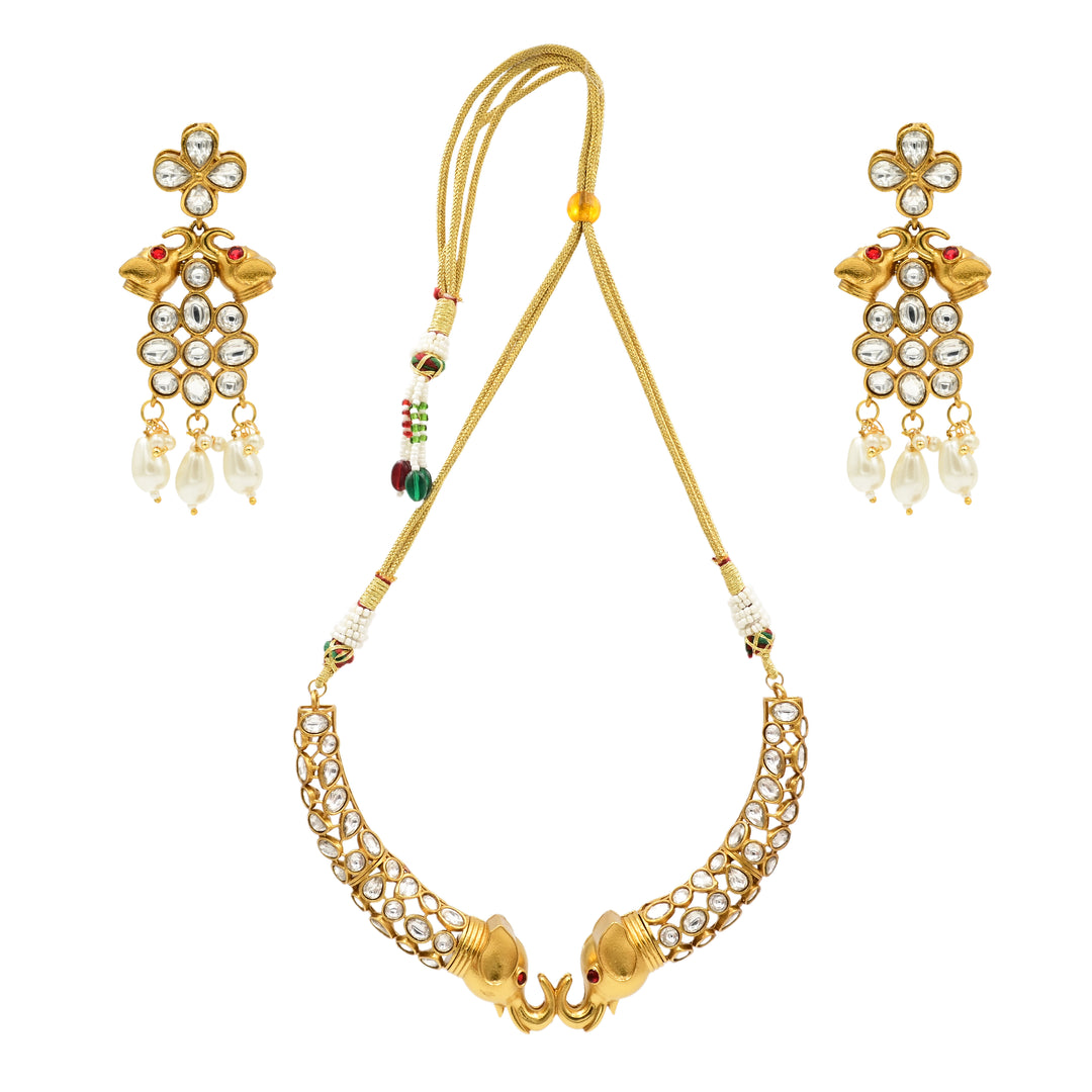 Gold-Toned Kundan & Pearl Necklace Set with Elephant Motif