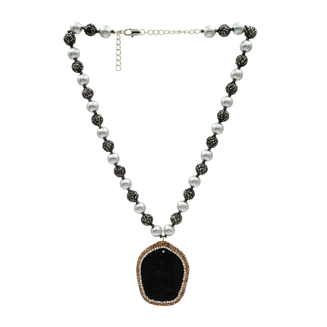 Pearl Chain Necklace with Black Buddha Locket