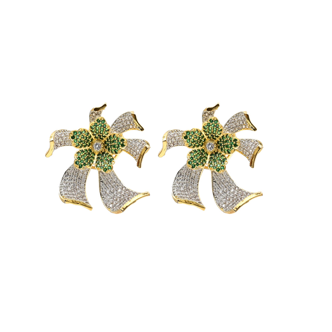 Elegant Bow-Knot Stud Earrings with Green & White CZ Stones