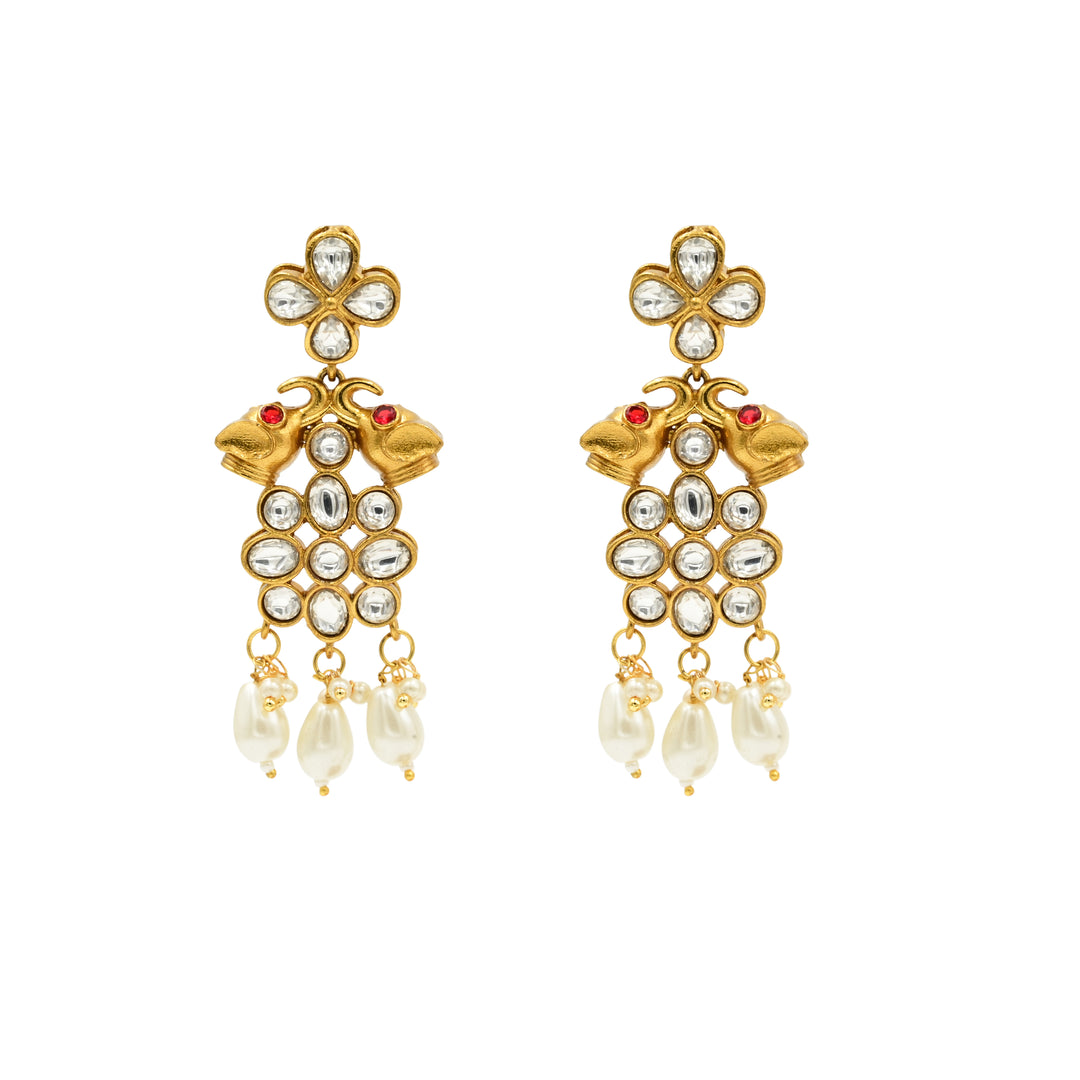 Gold-Toned Kundan & Pearl Necklace Set with Elephant Motif