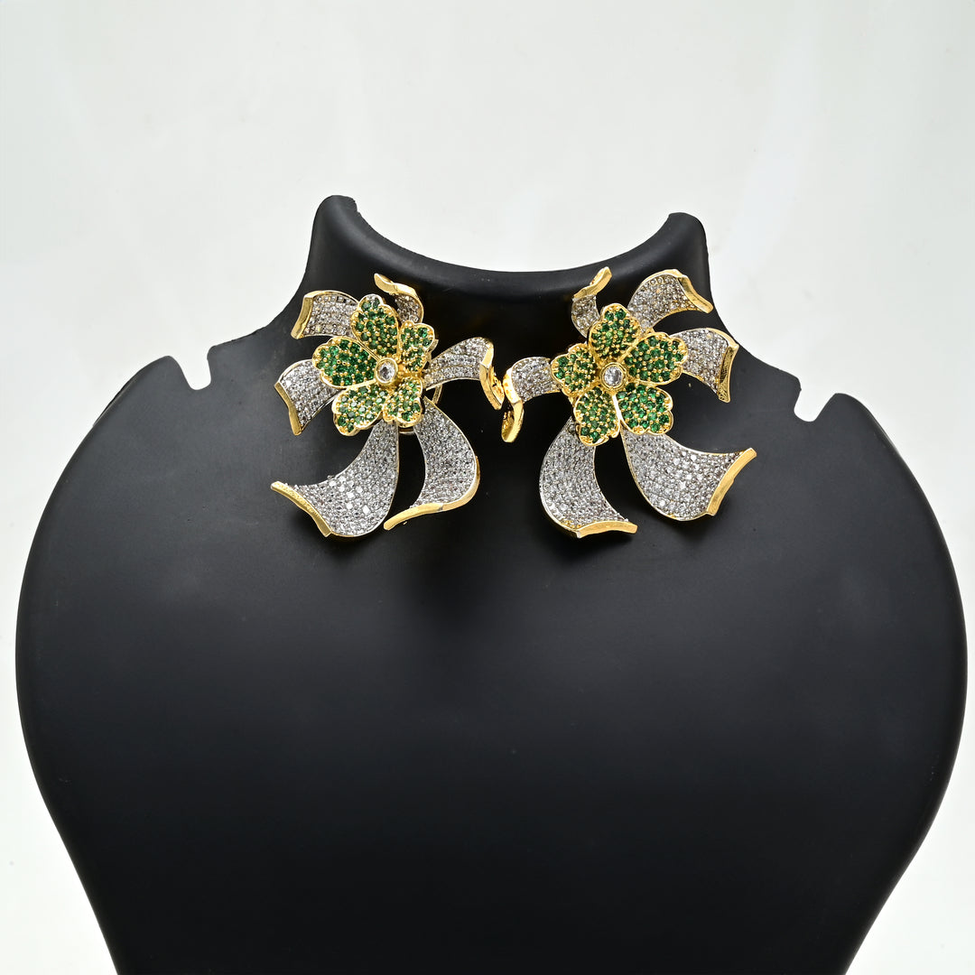 Elegant Bow-Knot Stud Earrings with Green & White CZ Stones