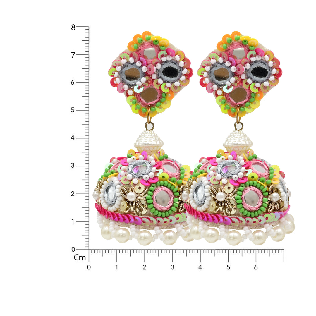 Handcrafted Multicolored Mirror Work Jhumka Earrings & Maang Tika Set
