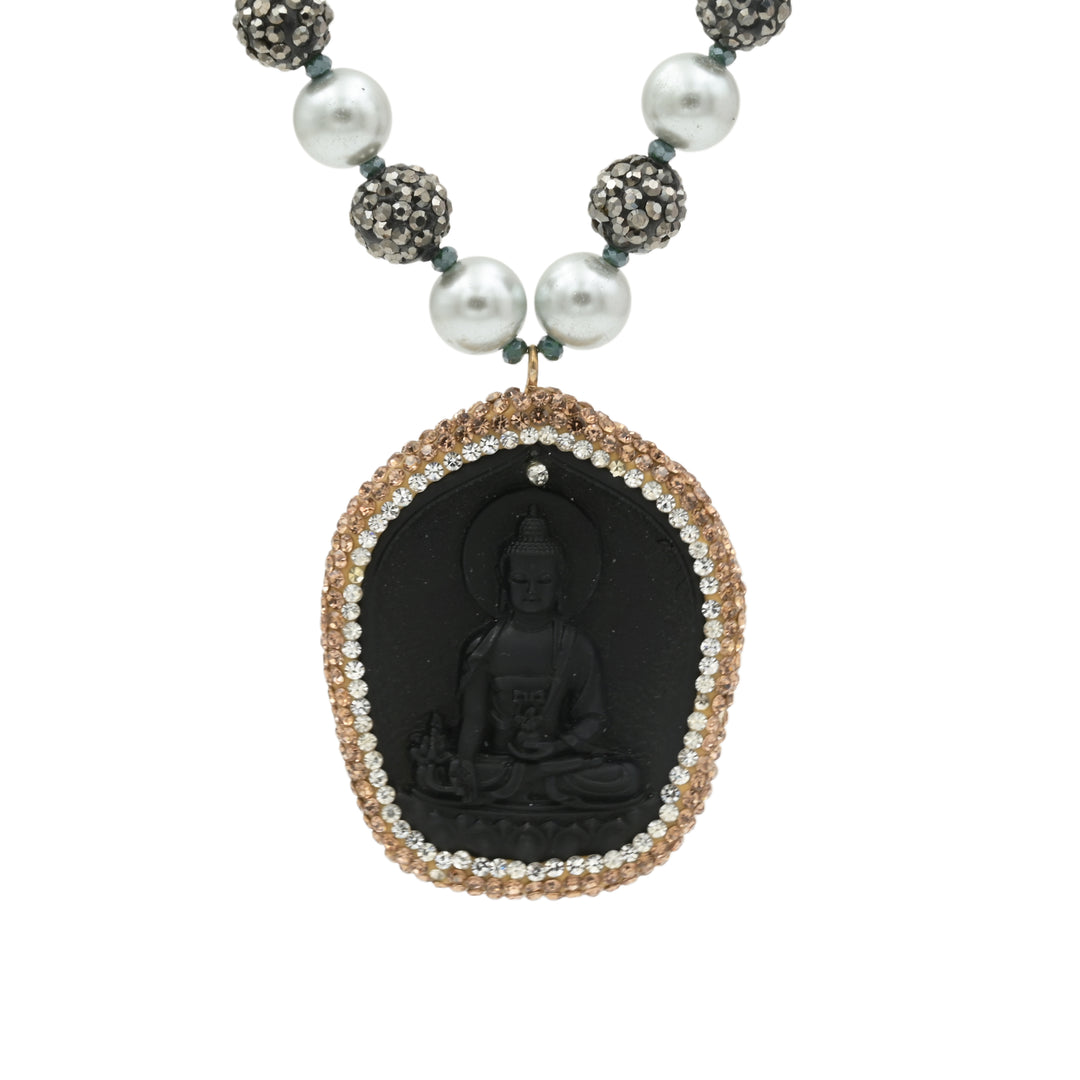 Pearl Chain Necklace with Black Buddha Locket