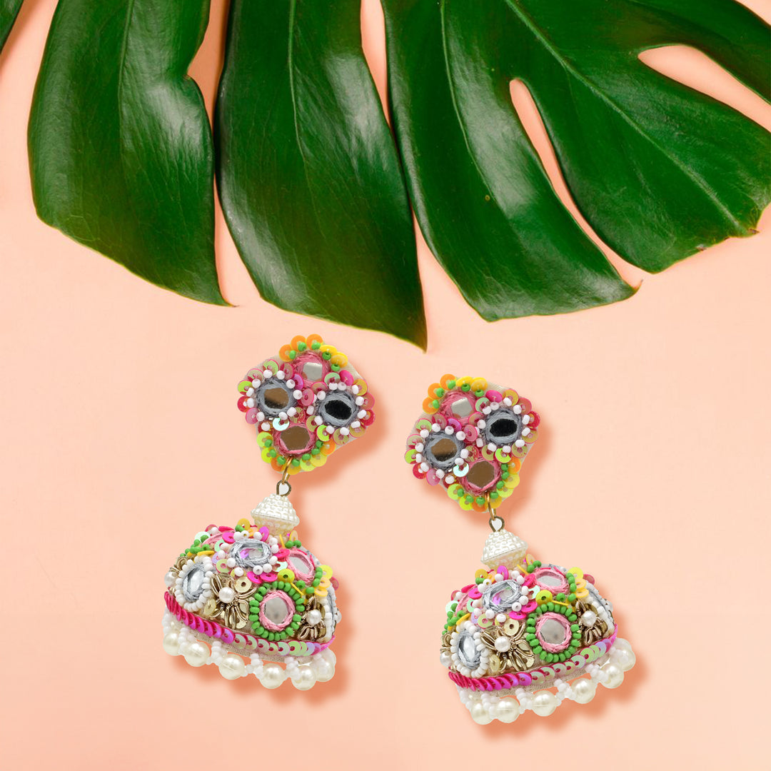 Handcrafted Multicolored Mirror Work Jhumka Earrings & Maang Tika Set