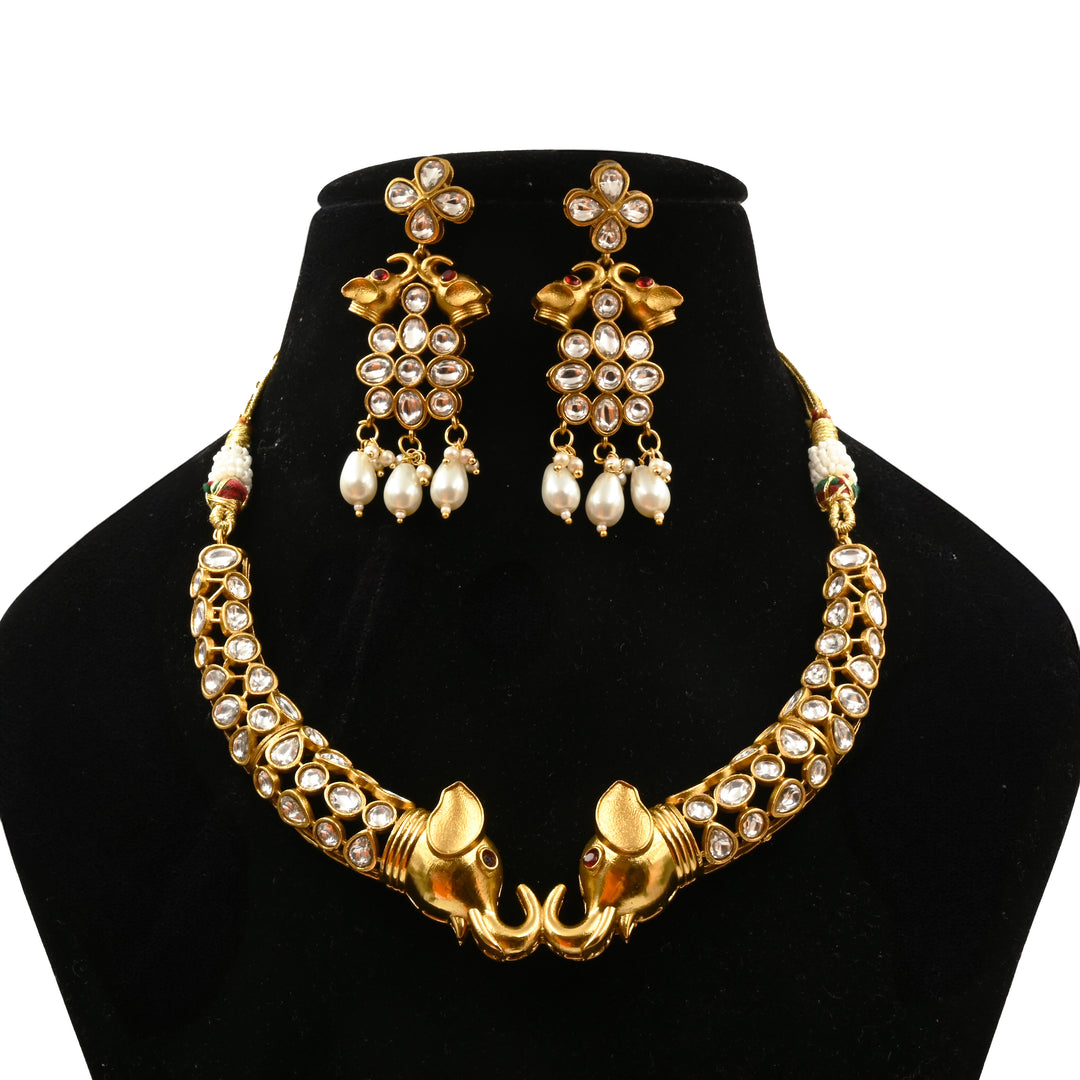 Gold-Toned Kundan & Pearl Necklace Set with Elephant Motif