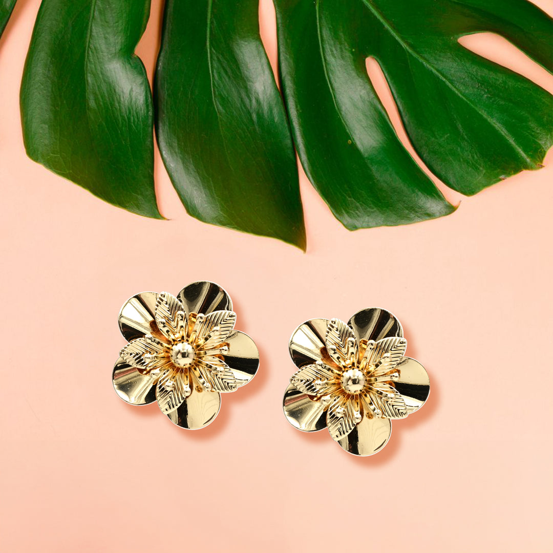 Bold Gold-Tone Layered Floral Stud Earrings