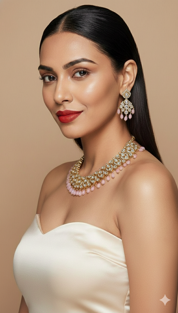 BEAUTIFUL POLKI SET WITH PINK DROPS