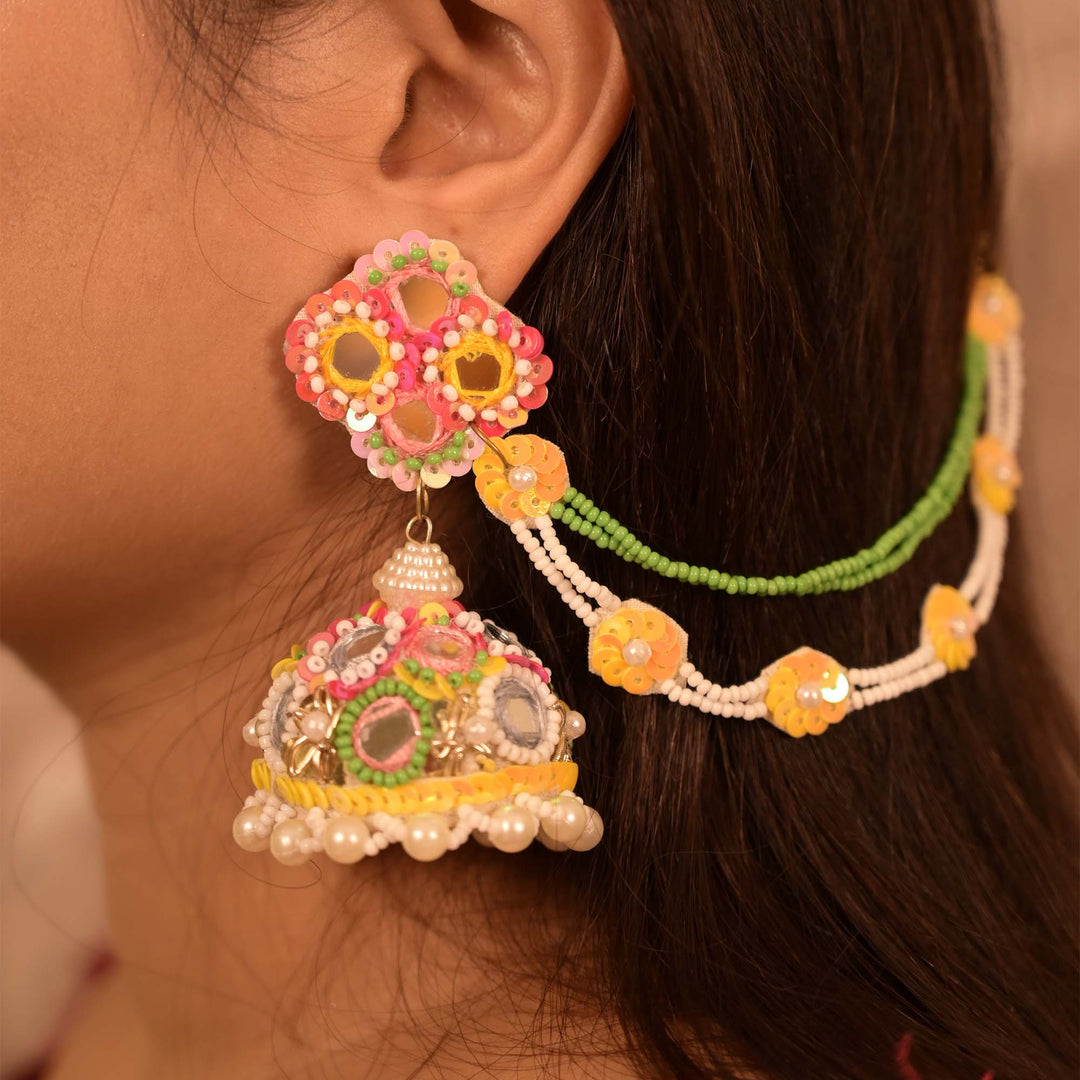 Handcrafted Multicolored Mirror Work Jhumka Earrings & Maang Tika Set
