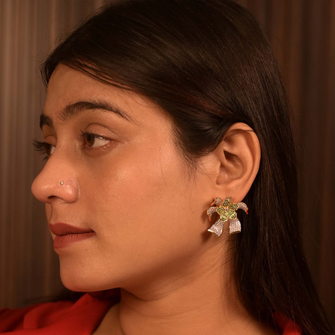 Elegant Bow-Knot Stud Earrings with Green & White CZ Stones