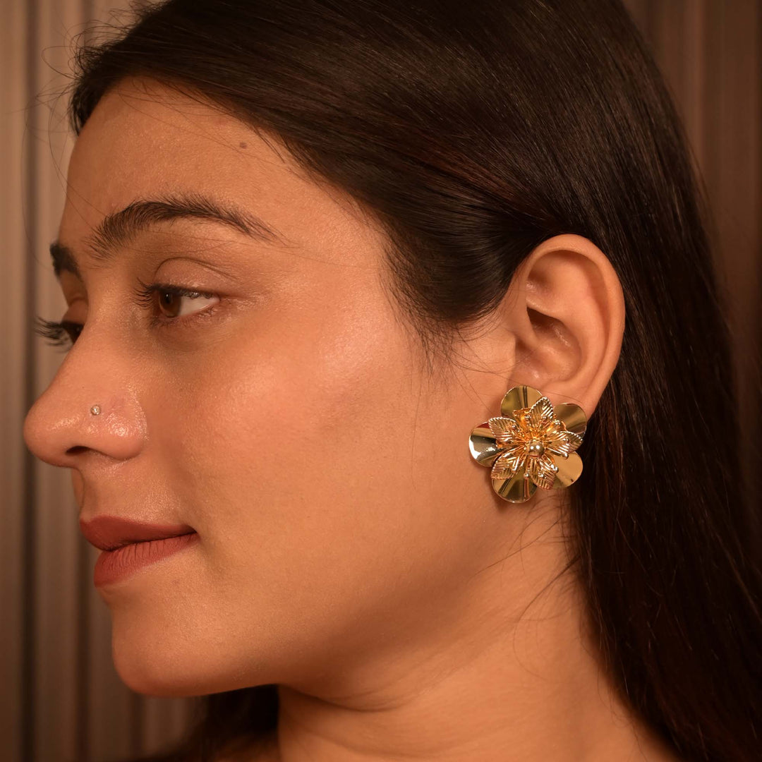 Bold Gold-Tone Layered Floral Stud Earrings