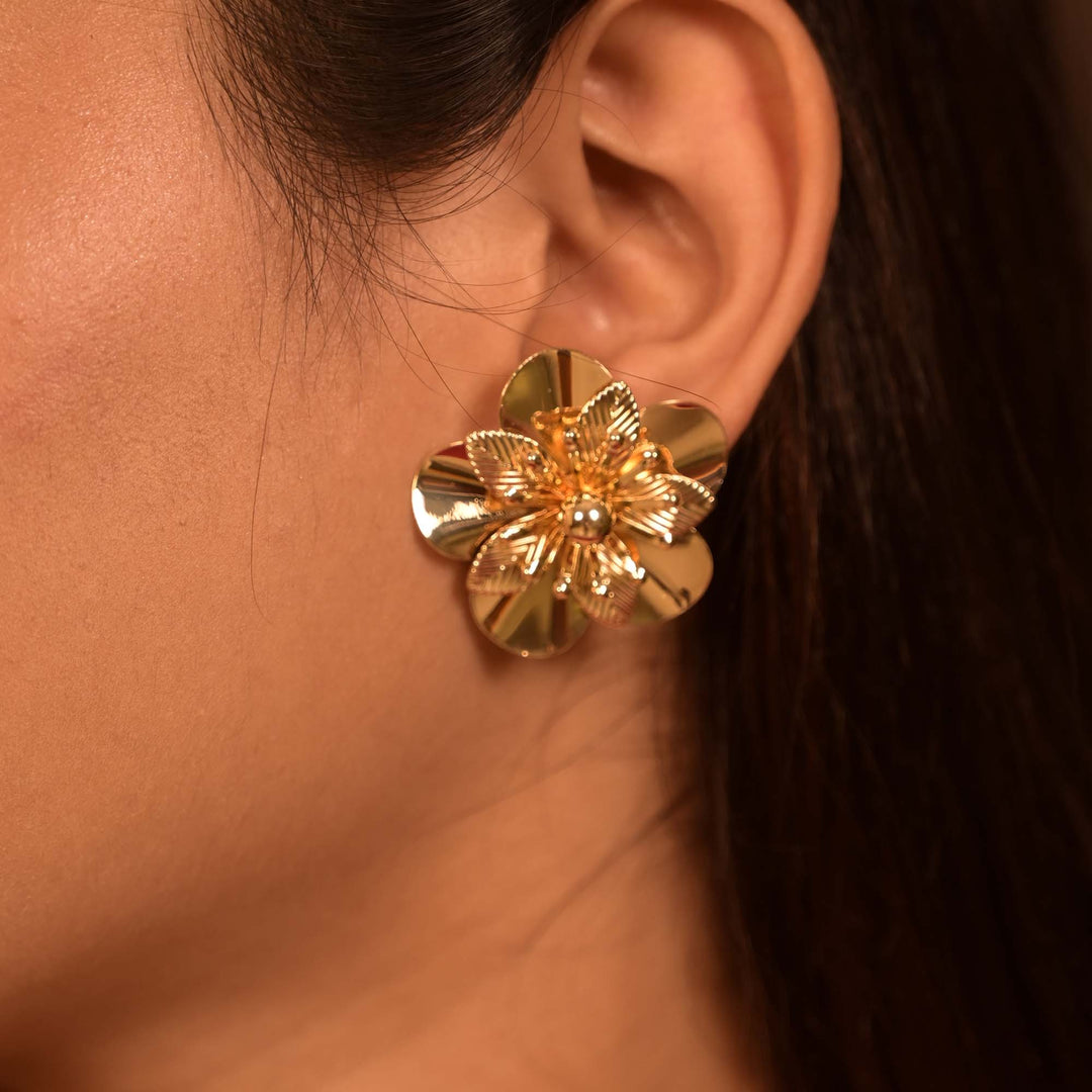 Bold Gold-Tone Layered Floral Stud Earrings