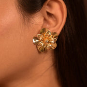 Bold Gold-Tone Layered Floral Stud Earrings