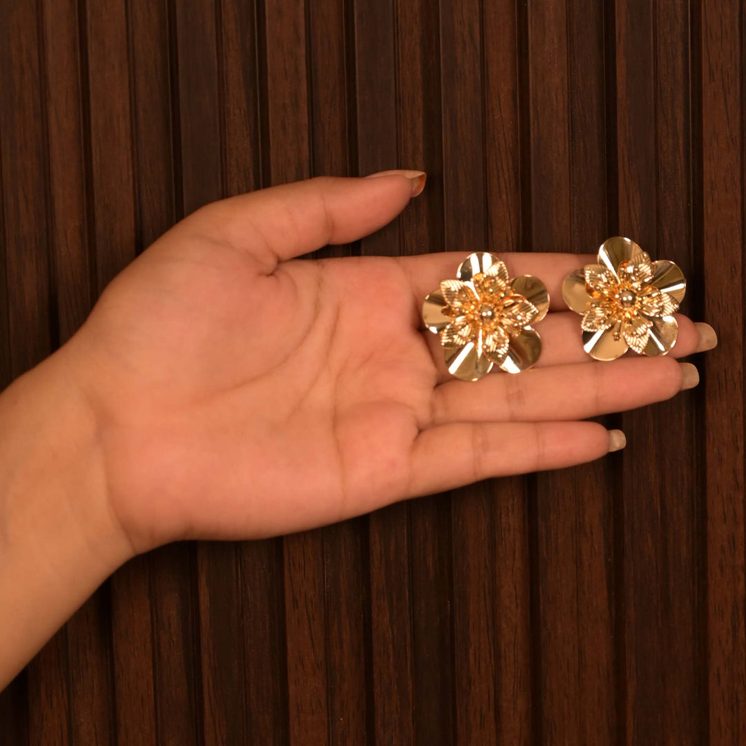 Bold Gold-Tone Layered Floral Stud Earrings