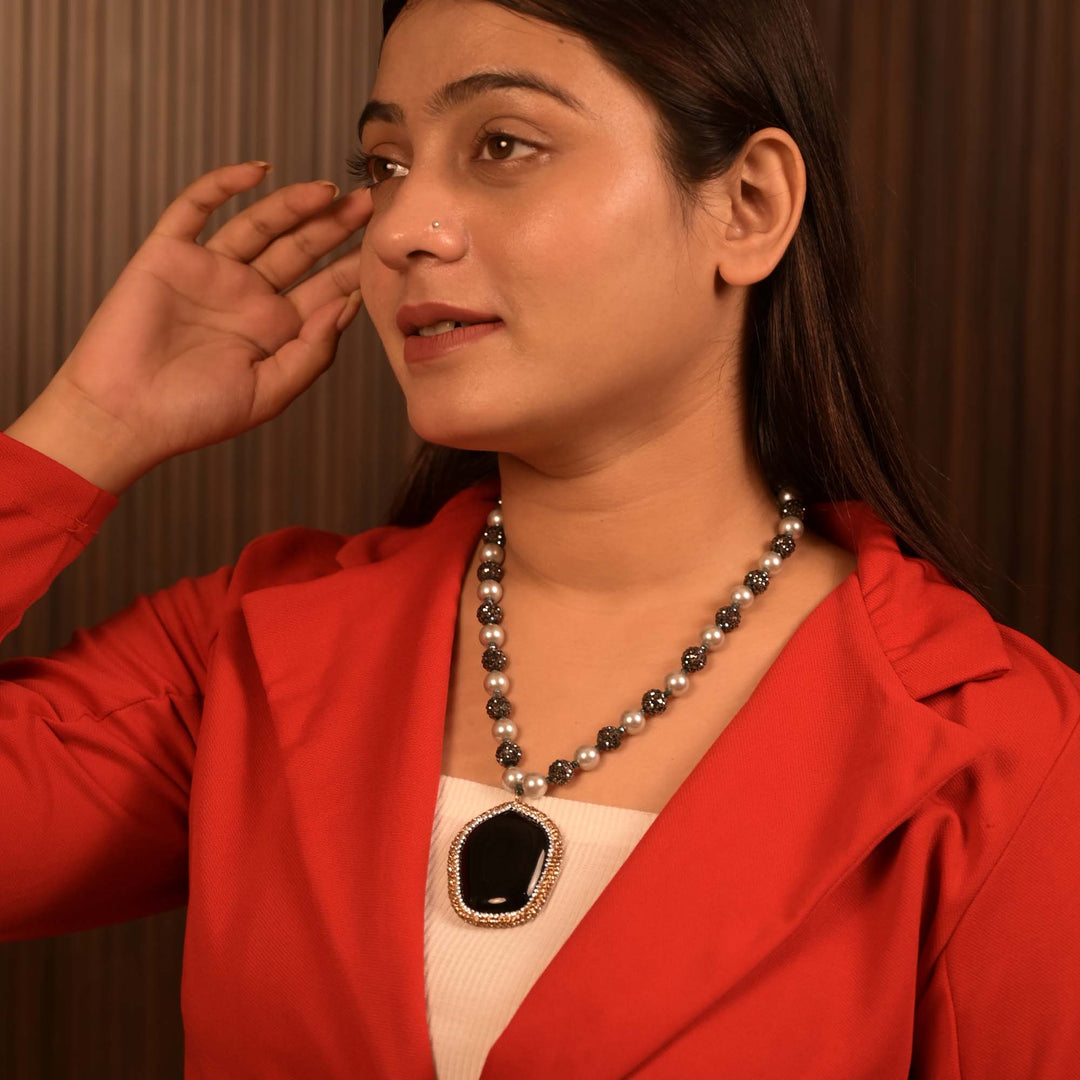 Pearl Chain Necklace with Black Buddha Locket