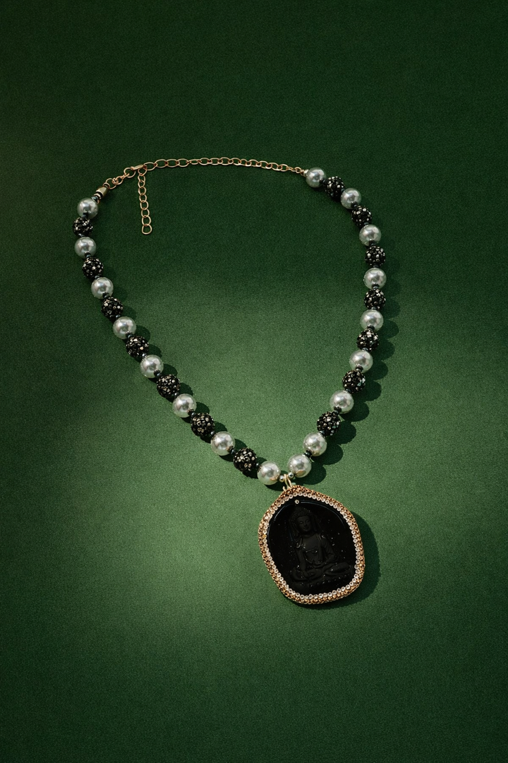 Pearl Chain Necklace with Black Buddha Locket