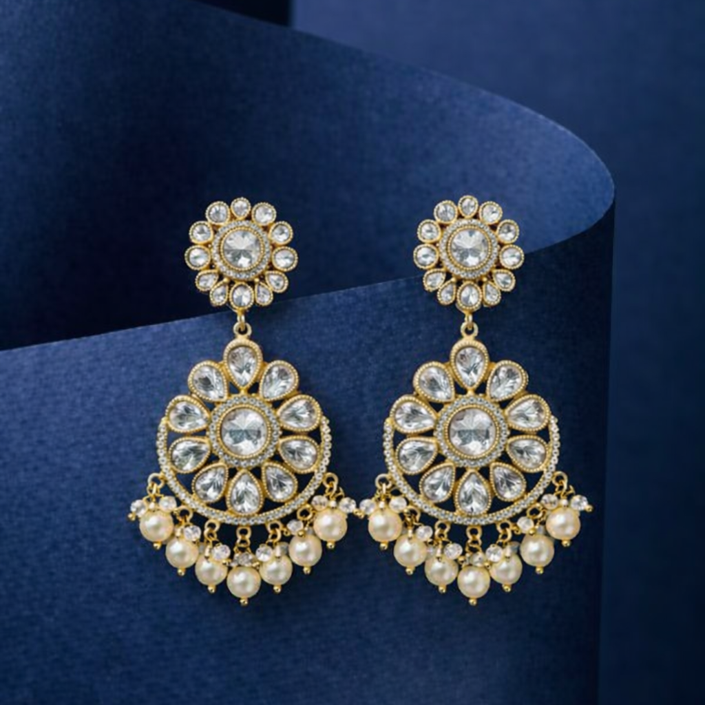 Traditional Kundan-Style Pearl Drop Earrings