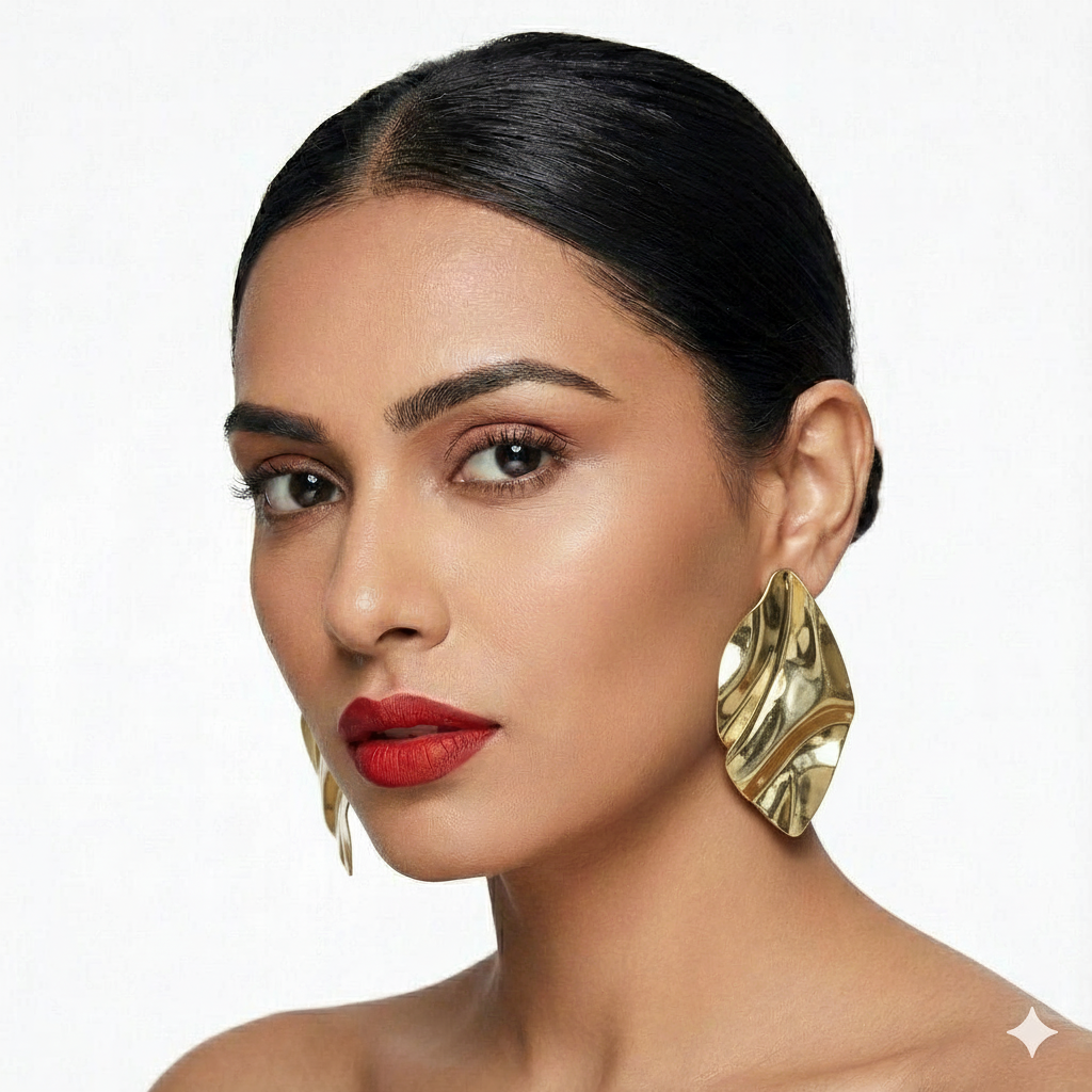 Sculptural Gold-Tone Wavy Leaf Statement Earrings