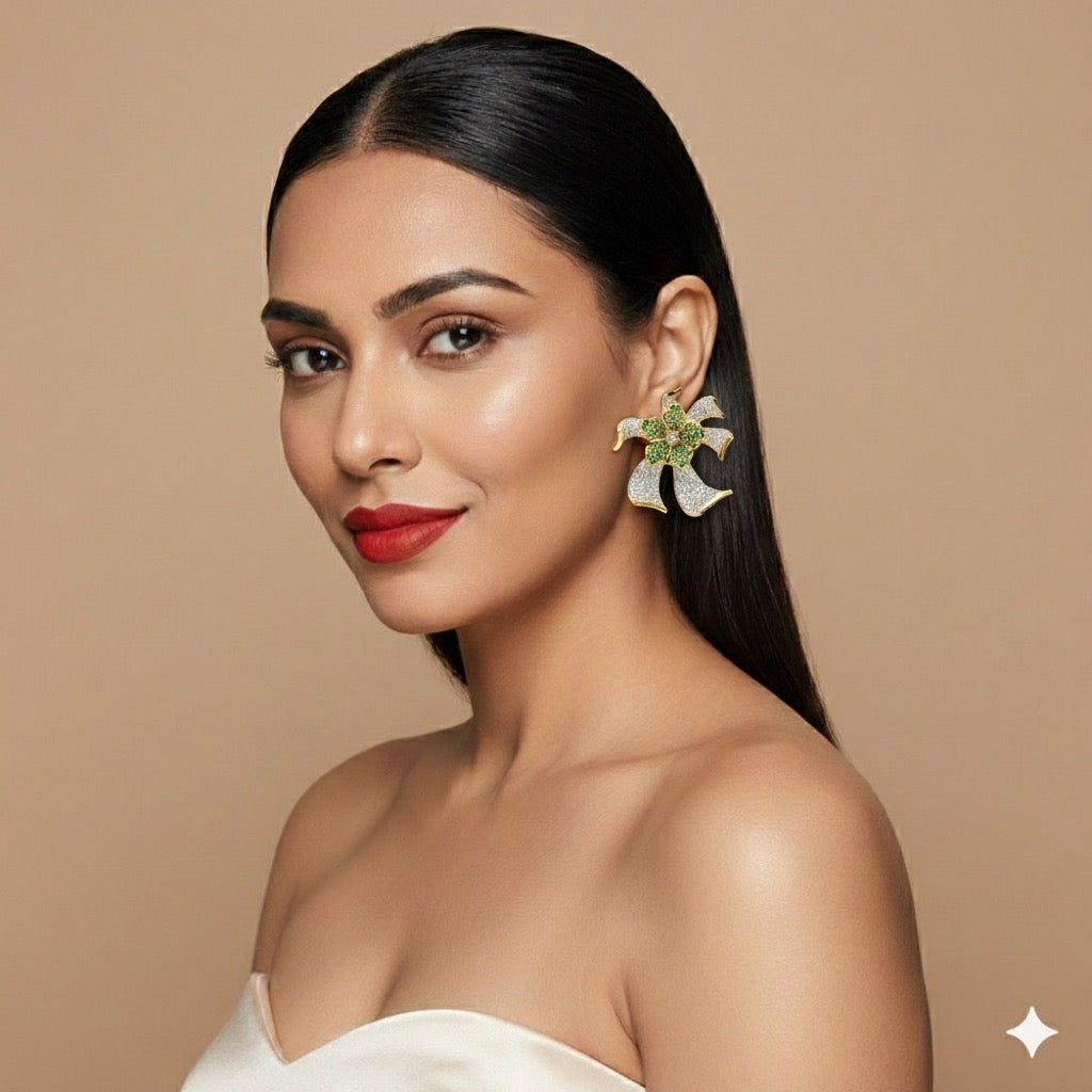 Elegant Bow-Knot Stud Earrings with Green & White CZ Stones