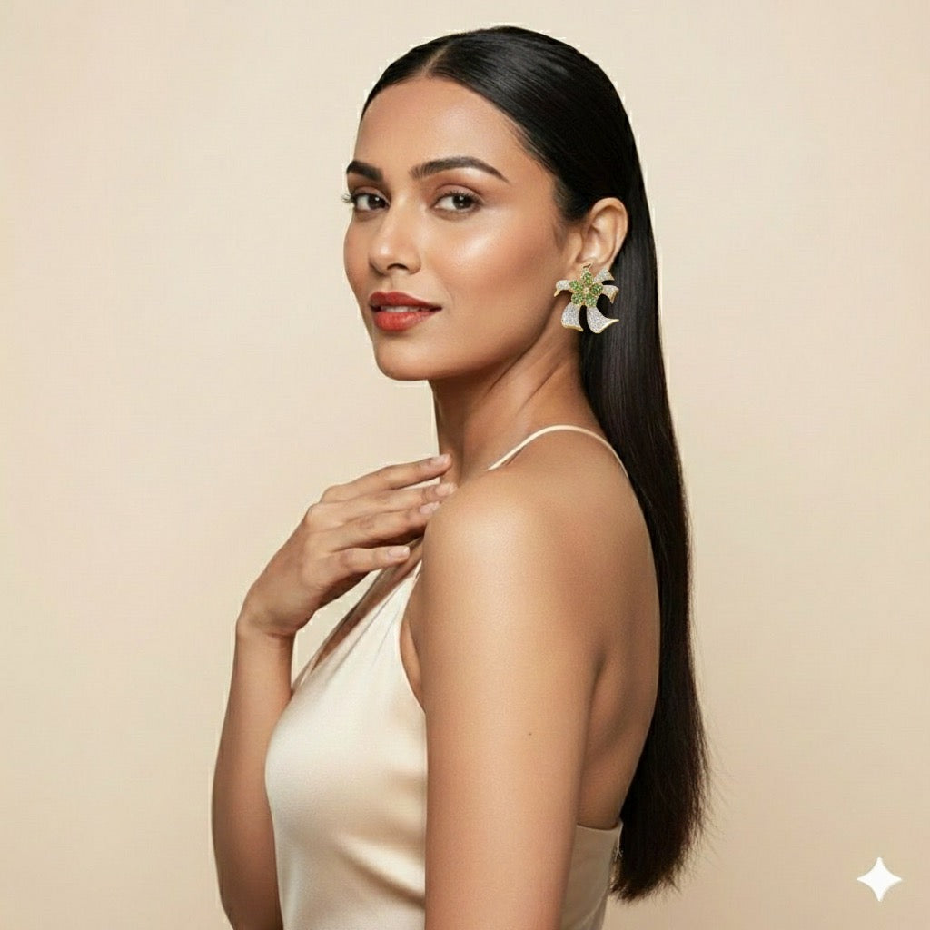 Elegant Bow-Knot Stud Earrings with Green & White CZ Stones