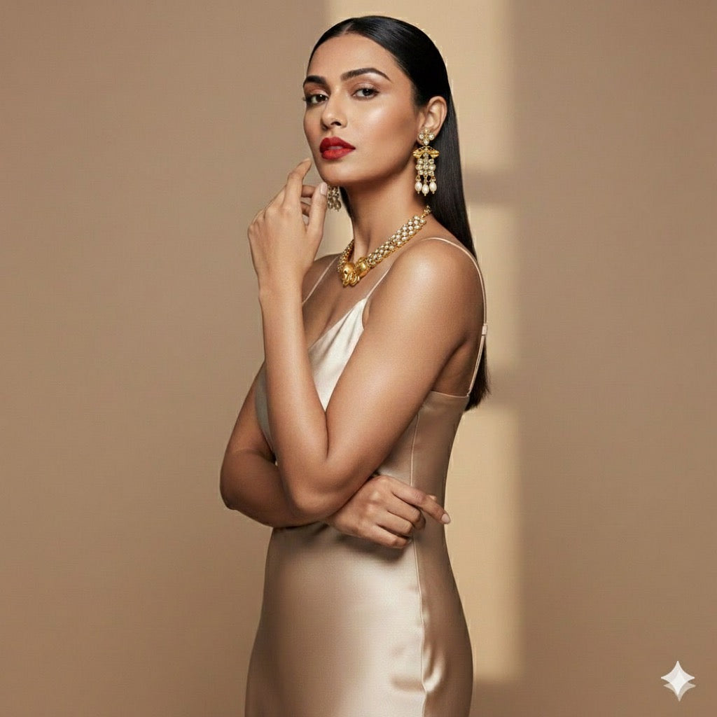 Gold-Toned Kundan & Pearl Necklace Set with Elephant Motif