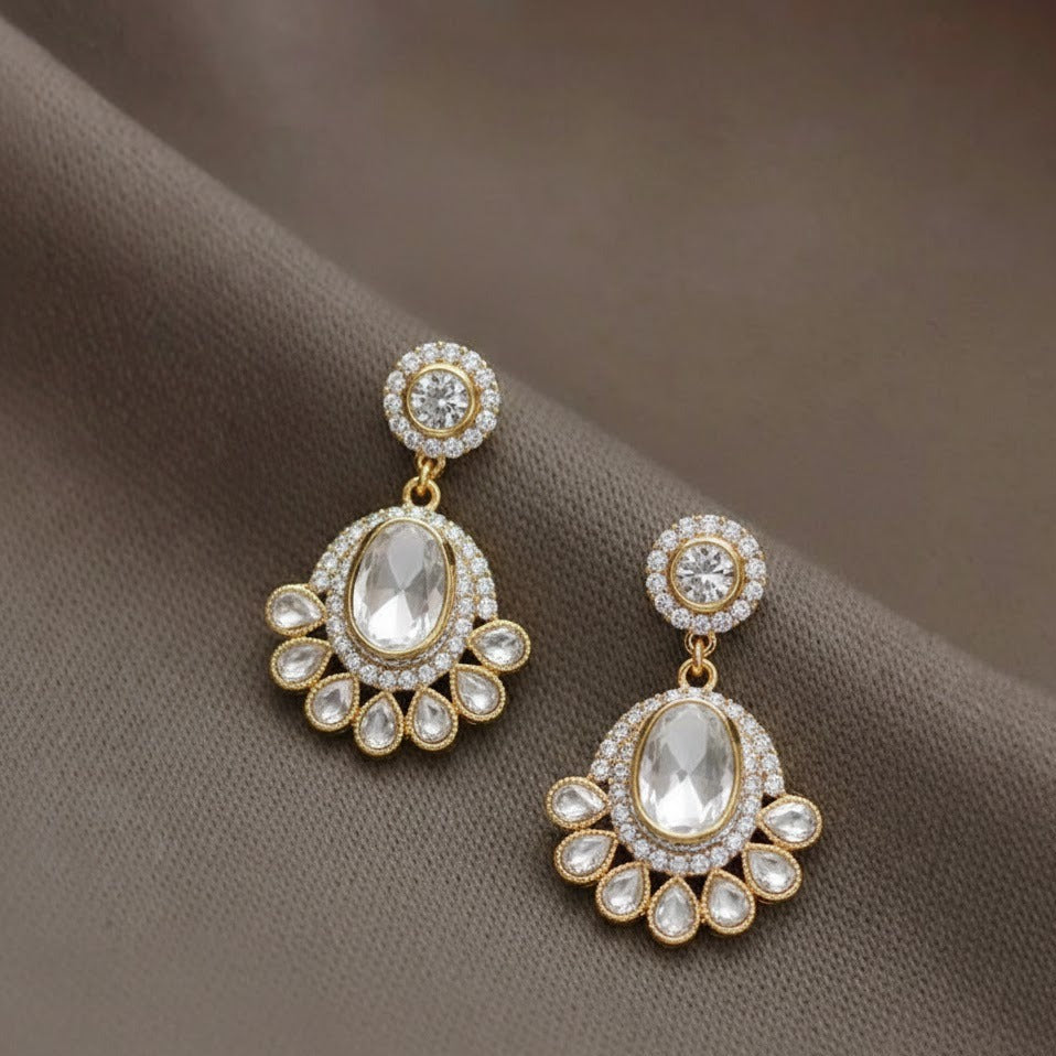 Traditional Kundan-Style Drop Earrings with Crimson Accents