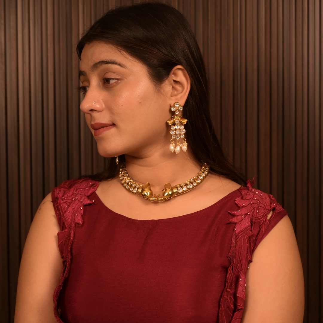 Gold-Toned Kundan & Pearl Necklace Set with Elephant Motif