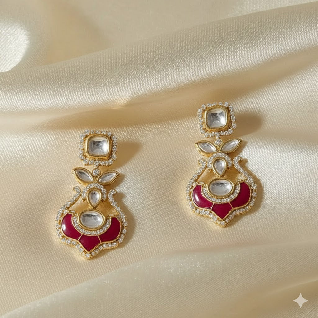 Traditional Kundan-Style Drop Earrings with Crimson Accents