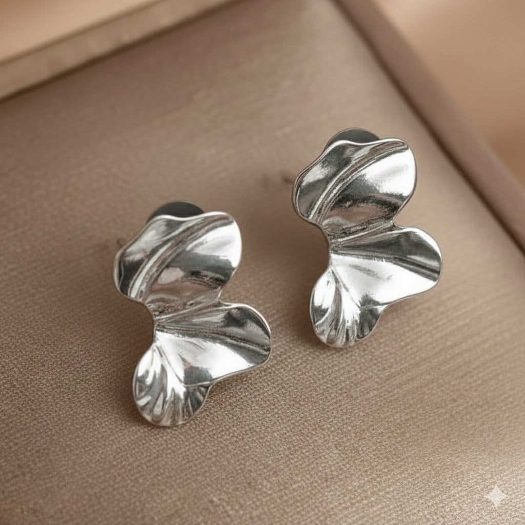 Sculptural Silver Leaf-Inspired Textured Stud Earrings